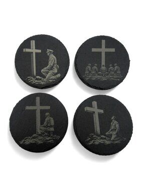 Slate Military Coasters with Soldier & Cross Design Set of 4-US Duties Prepaid